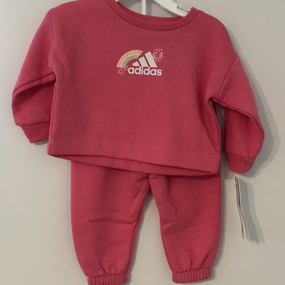 Adidas baby 6 mo. Fleece Crewneck & Jogger Set  Pink - Picture 1 of 13
